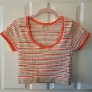 Aerie Striped Short Sleeve Top with Orange and Cream